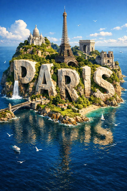 Example output from the Cinematic 3D Island Travel Poster ChatGPT prompt: Paris