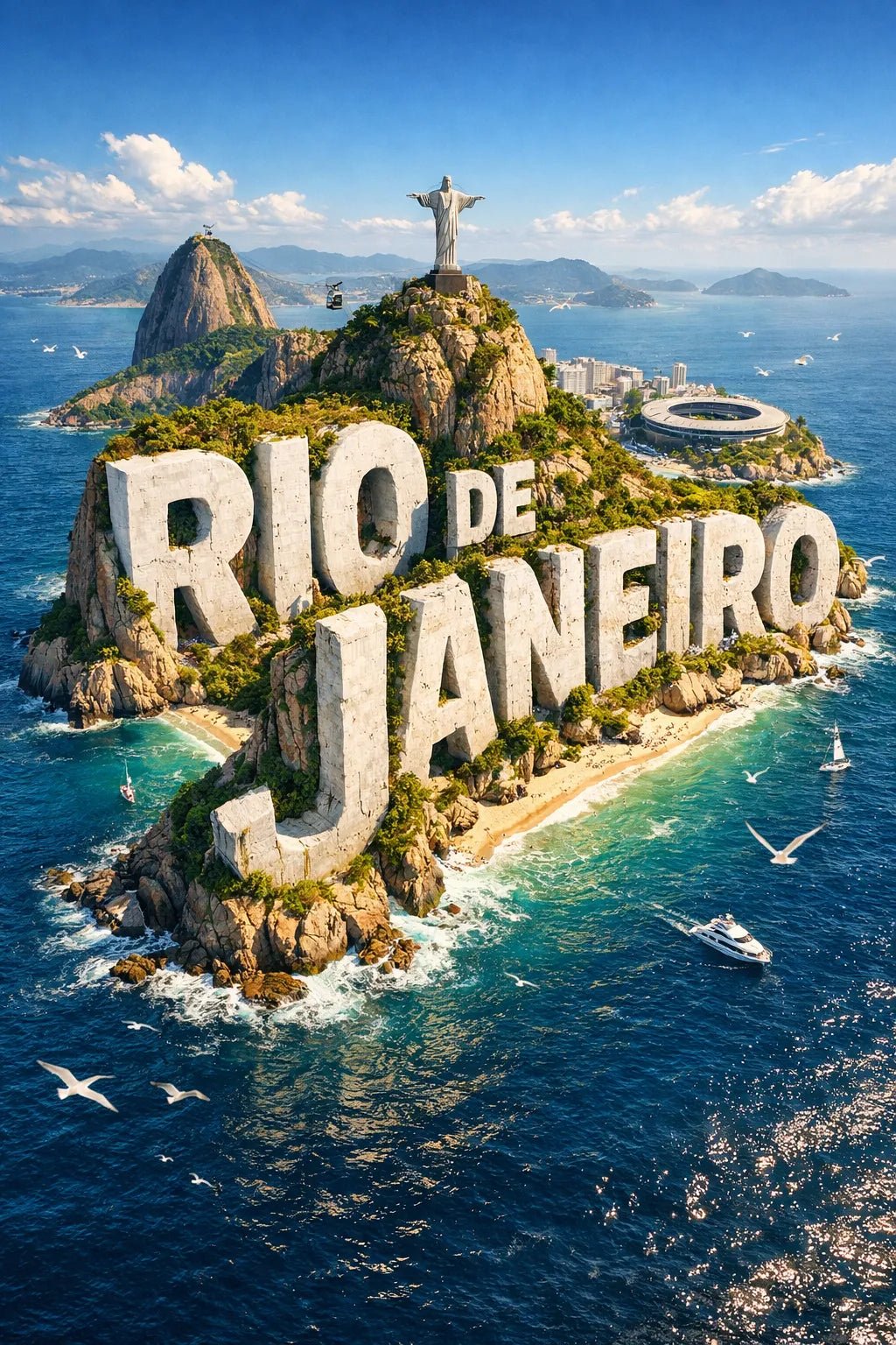 Example output from the Cinematic 3D Island Travel Poster ChatGPT prompt: Rio de Janeiro
