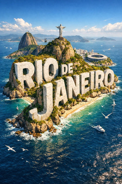 Example output from the Cinematic 3D Island Travel Poster ChatGPT prompt: Rio de Janeiro