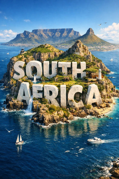 Example output from the Cinematic 3D Island Travel Poster ChatGPT prompt: South Africa