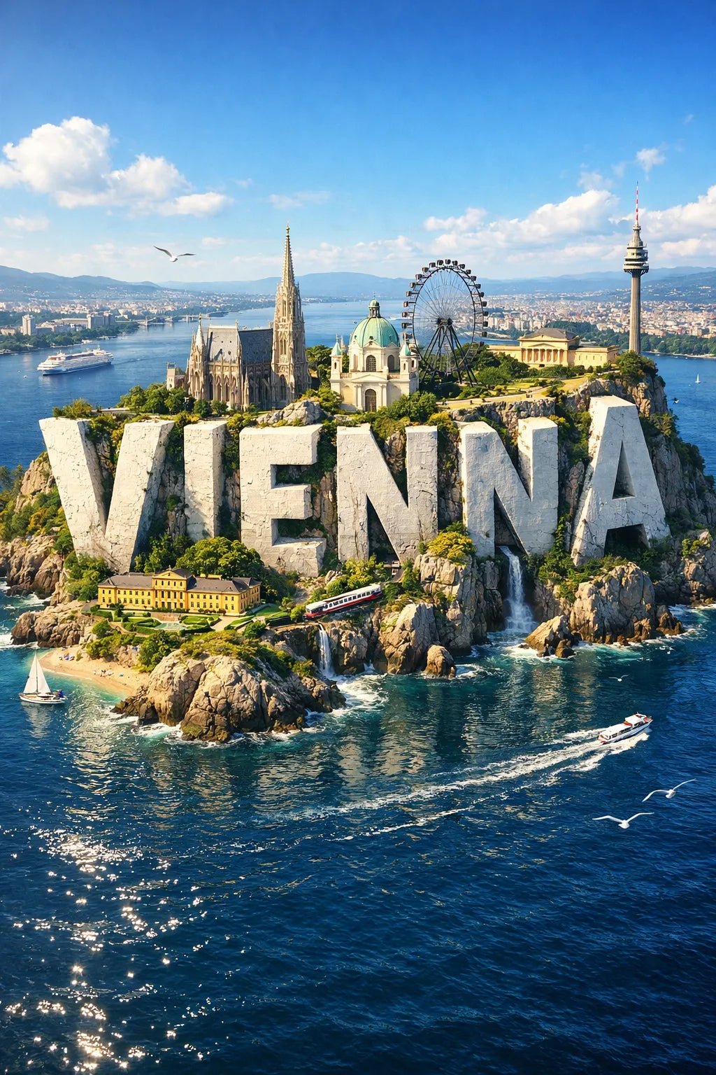 Example output from the Cinematic 3D Island Travel Poster ChatGPT prompt: Vienna