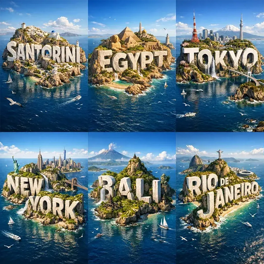 Example output from the Cinematic 3D Island Travel Poster ChatGPT prompt: six ultra-realistic miniature island scenes featuring iconic destinations with carved typography, ocean vistas, and cinematic lighting.