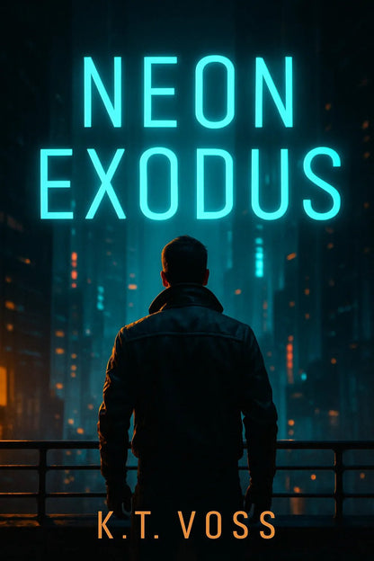 Example output from the Cinematic Book Covers ChatGPT prompt: photorealistic book covers in portrait format. Neon Exodus.