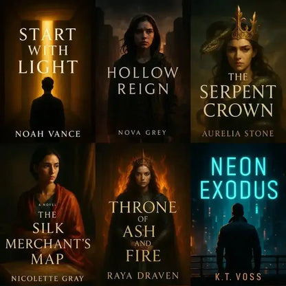 Example output from the Cinematic Book Covers ChatGPT prompt: photorealistic book covers in portrait format, featuring clean typography, genre-based color palettes, cinematic lighting, and professional author/title layout.