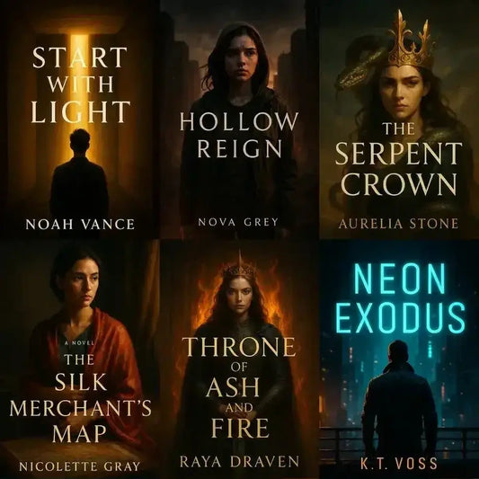 Example output from the Cinematic Book Covers ChatGPT prompt: photorealistic book covers in portrait format, featuring clean typography, genre-based color palettes, cinematic lighting, and professional author/title layout.