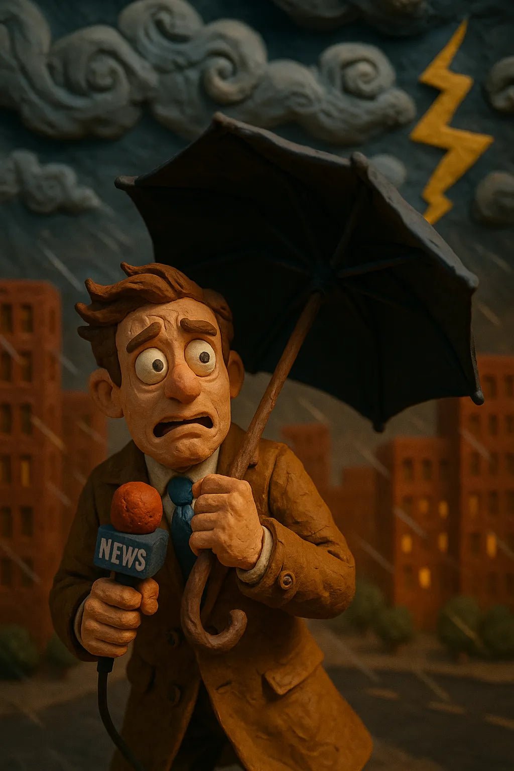 Example output from the Cinematic Claymation Portraits ChatGPT prompt: handcrafted clay characters in stop-motion style, featuring photoreal textures, expressive lighting, and cinematic portrait scenes with customizable personalities. Reporter.