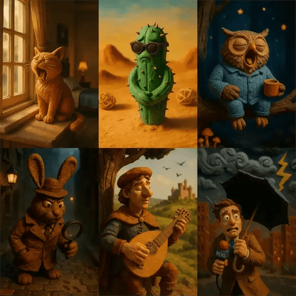 Example output from the Cinematic Claymation Portraits ChatGPT prompt: handcrafted clay characters in stop-motion style, featuring photoreal textures, expressive lighting, and cinematic portrait scenes with customizable personalities.