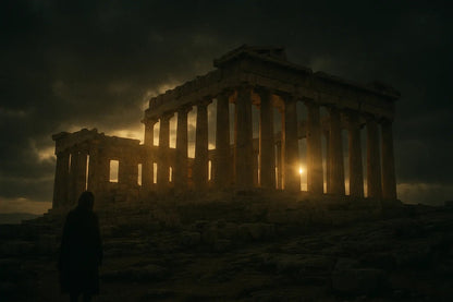 Example output from the Cinematic Landscape Scenes ChatGPT prompt: dramatic location-based landscapes with silhouette figures, featuring moody skies, cinematic lighting, and rich atmospheric tones for storytelling visuals. Acropolis.