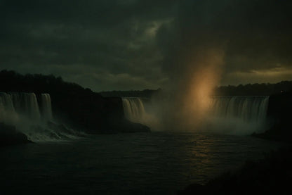 Example output from the Cinematic Landscape Scenes ChatGPT prompt: dramatic location-based landscapes with silhouette figures, featuring moody skies, cinematic lighting, and rich atmospheric tones for storytelling visuals. Niagara Falls.