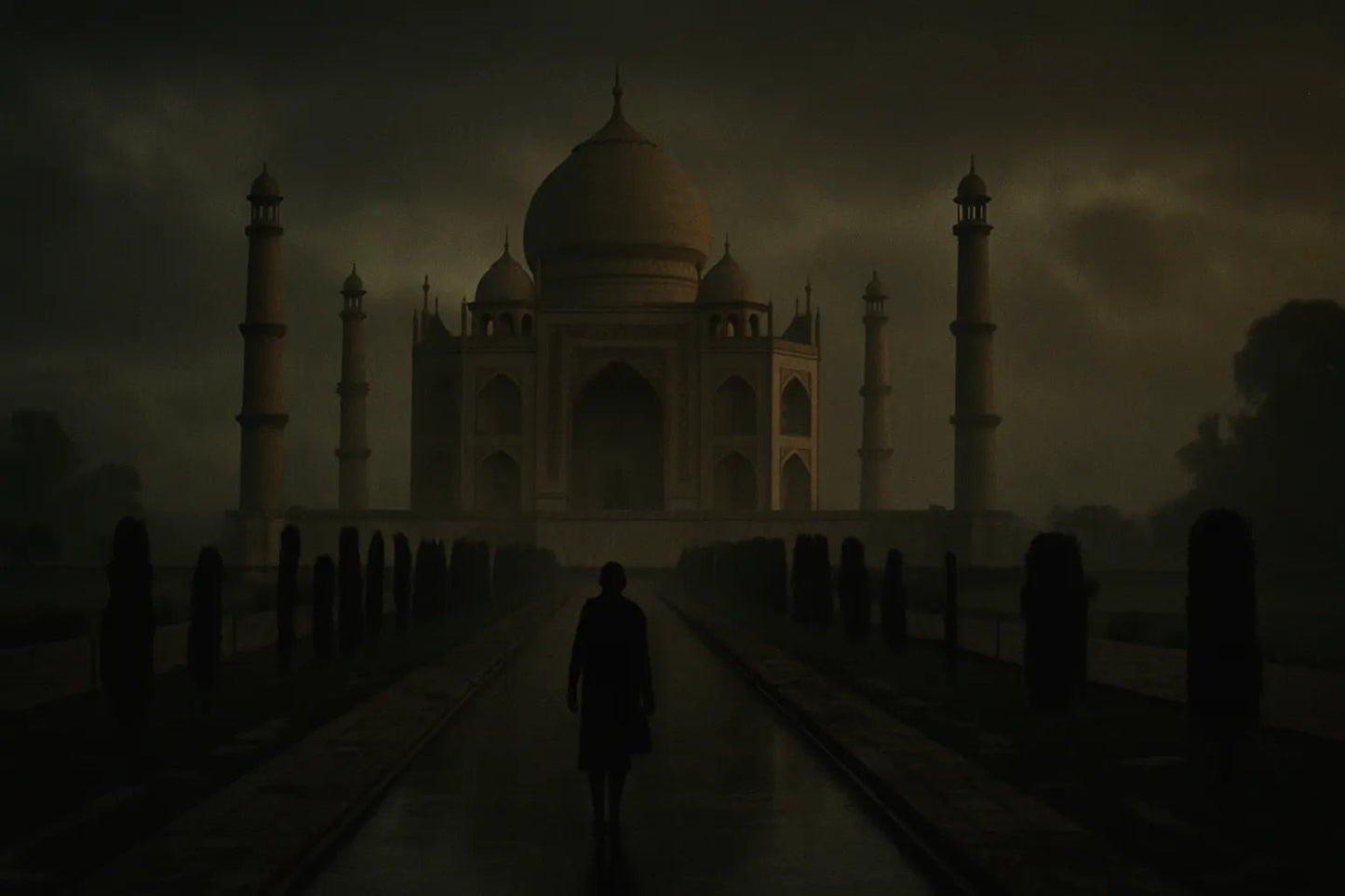 Example output from the Cinematic Landscape Scenes ChatGPT prompt: dramatic location-based landscapes with silhouette figures, featuring moody skies, cinematic lighting, and rich atmospheric tones for storytelling visuals. Taj Mahal.