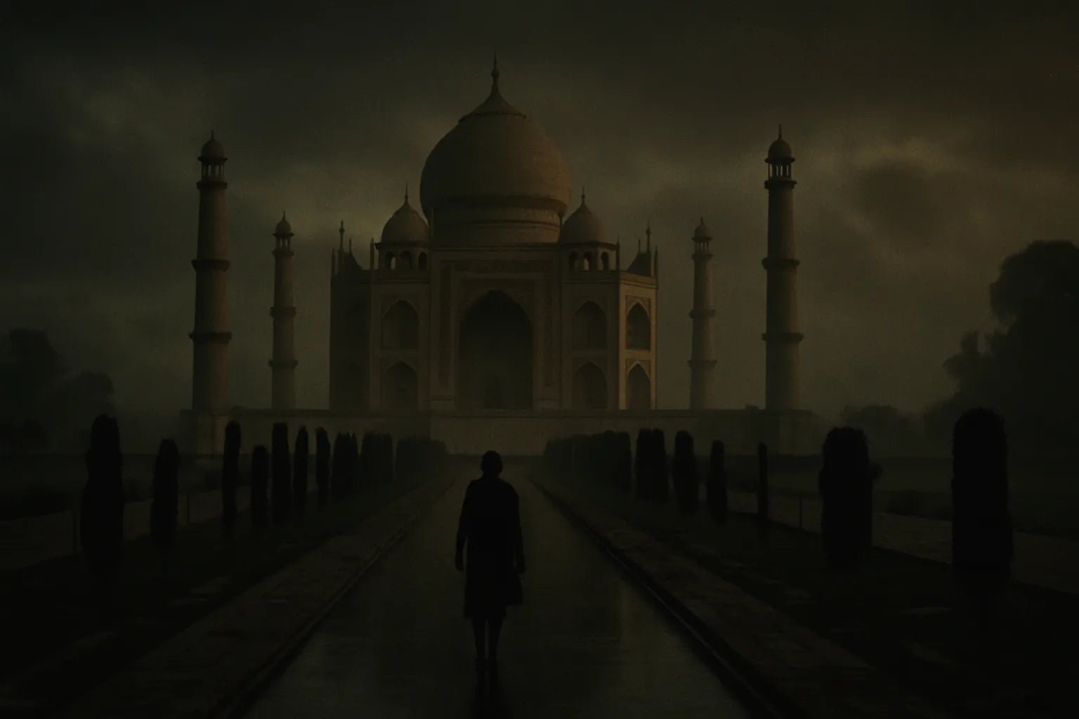 Example output from the Cinematic Landscape Scenes ChatGPT prompt: dramatic location-based landscapes with silhouette figures, featuring moody skies, cinematic lighting, and rich atmospheric tones for storytelling visuals. Taj Mahal.