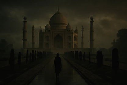 Example output from the Cinematic Landscape Scenes ChatGPT prompt: dramatic location-based landscapes with silhouette figures, featuring moody skies, cinematic lighting, and rich atmospheric tones for storytelling visuals. Taj Mahal.
