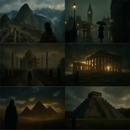 Example output from the Cinematic Landscape Scenes ChatGPT prompt: dramatic location-based landscapes with silhouette figures, featuring moody skies, cinematic lighting, and rich atmospheric tones for storytelling visuals.