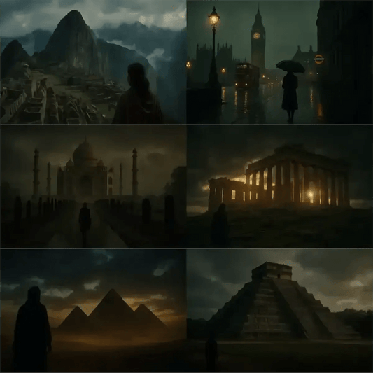 Example output from the Cinematic Landscape Scenes ChatGPT prompt: dramatic location-based landscapes with silhouette figures, featuring moody skies, cinematic lighting, and rich atmospheric tones for storytelling visuals.