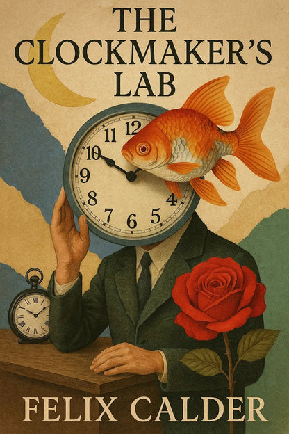 Example output from the Collage Surrealism Book Covers ChatGPT prompt: vintage-inspired book covers. The Clockmaker's Lab.
