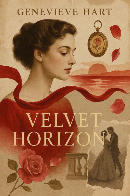 Example output from the Collage Surrealism Book Covers ChatGPT prompt: vintage-inspired book covers. Velvet Horizon.