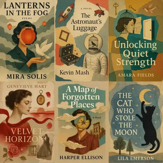 Example output from the Collage Surrealism Book Covers ChatGPT prompt: vintage-inspired book covers in collage style, featuring symbolic cut-out art, dreamy compositions, elegant typography, and literary fiction aesthetics.