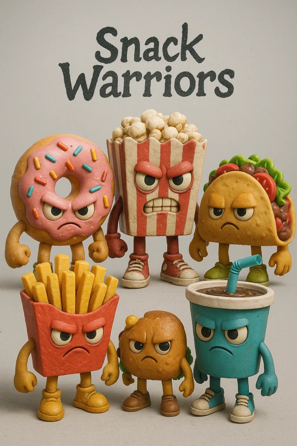 Example output from the Designer Toy Collection Render Posters ChatGPT prompt: stylized group render of collectible characters with custom title, balanced lighting, textured details, and cinematic layout—ideal for toy art or branding. Snack Warriors.