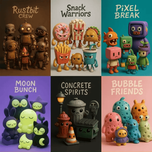 Example output from the Designer Toy Collection Render Posters ChatGPT prompt: stylized group render of collectible characters with custom title, balanced lighting, textured details, and cinematic layout—ideal for toy art or branding.
