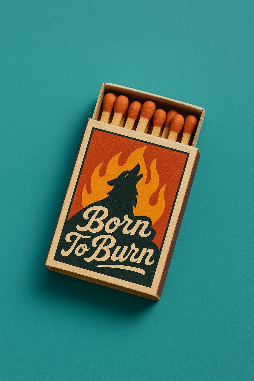 Example output from the Collectible Matchbox Label Mockup ChatGPT prompt: Born to Burn