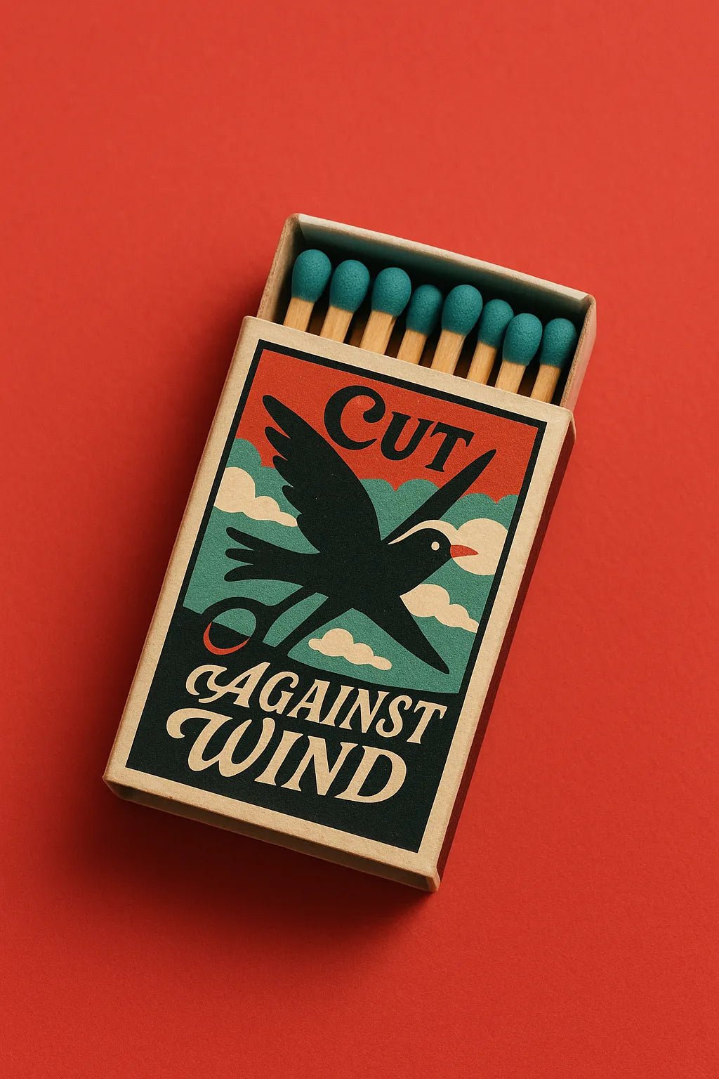 Example output from the Collectible Matchbox Label Mockup ChatGPT prompt: Cut Against Wind