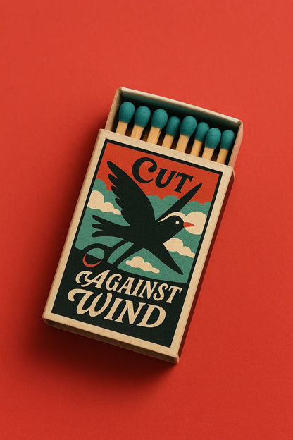 Example output from the Collectible Matchbox Label Mockup ChatGPT prompt: Cut Against Wind