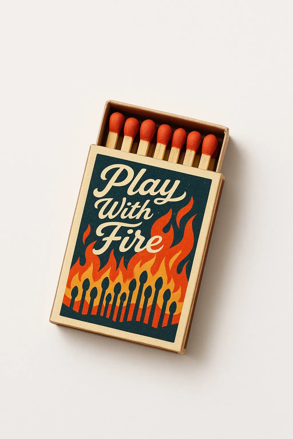 Example output from the Collectible Matchbox Label Mockup ChatGPT prompt: Play with Fire