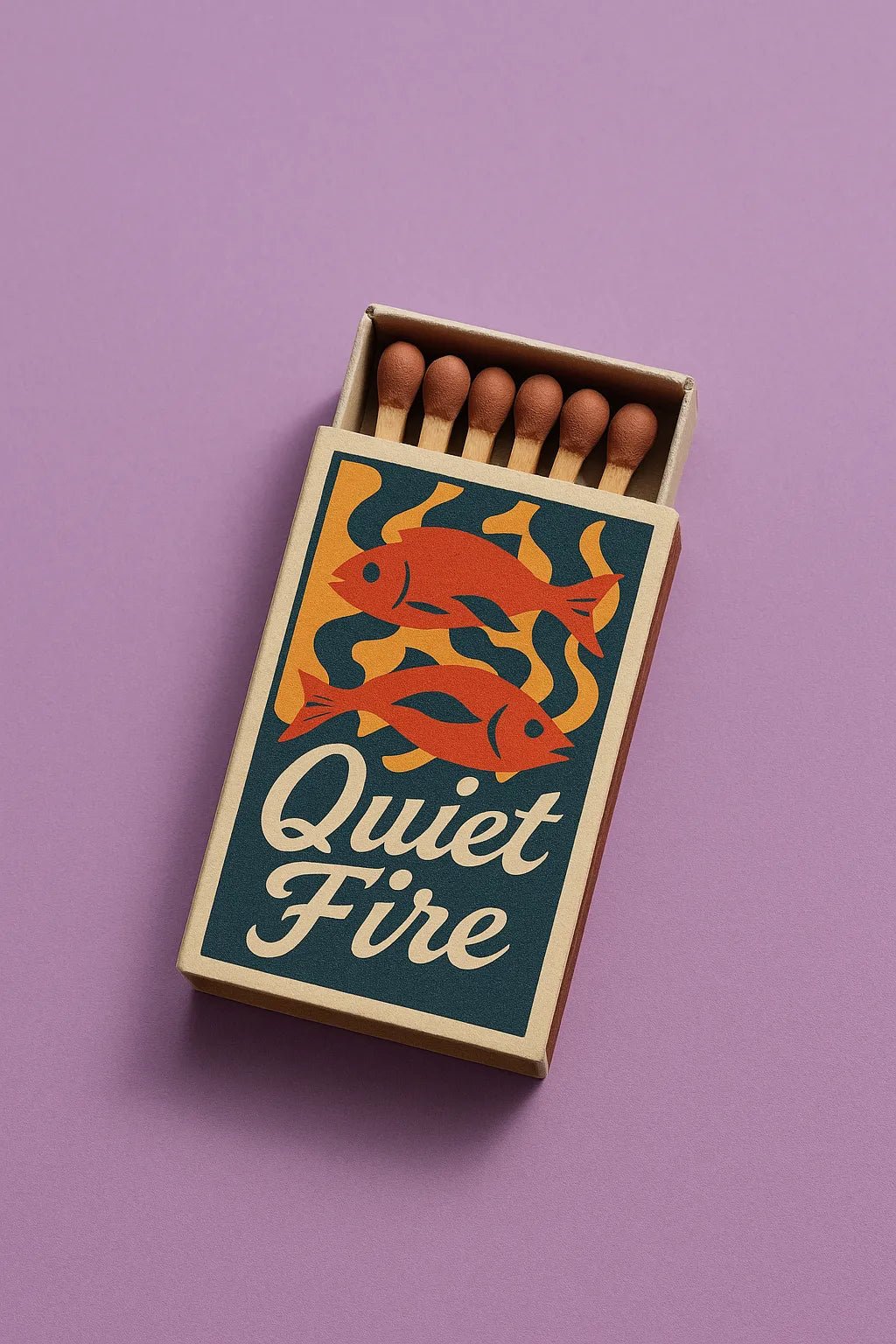 Example output from the Collectible Matchbox Label Mockup ChatGPT prompt: Quiet Fire