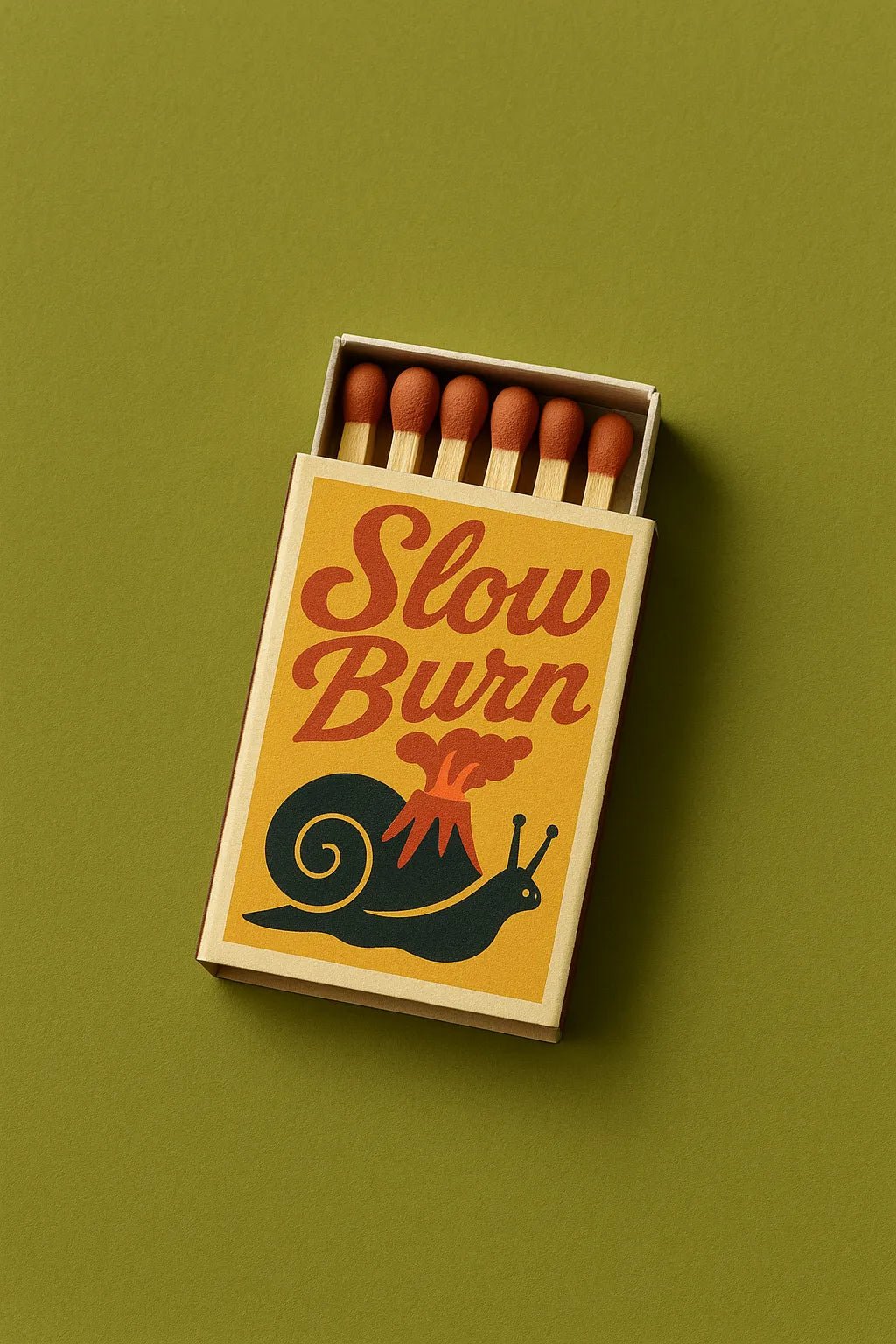 Example output from the Collectible Matchbox Label Mockup ChatGPT prompt: Slow Burn