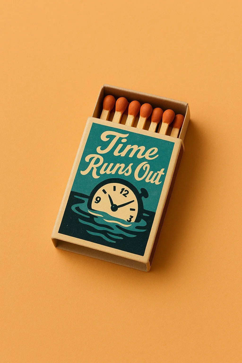 Example output from the Collectible Matchbox Label Mockup ChatGPT prompt: Time Runs Out