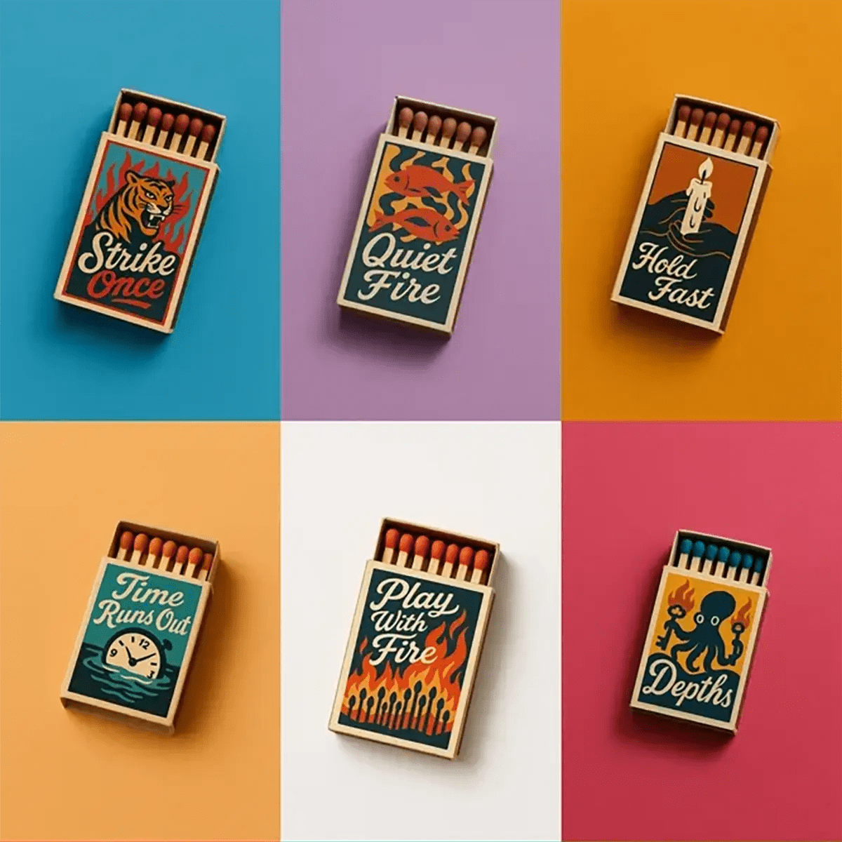 Example output from the Collectible Matchbox Label Mockup ChatGPT prompt: six top-down matchbox designs with mid-century European labels, bold colors, playful icons, and editorial product photography styling.