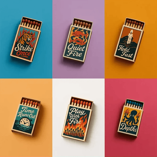 Example output from the Collectible Matchbox Label Mockup ChatGPT prompt: six top-down matchbox designs with mid-century European labels, bold colors, playful icons, and editorial product photography styling.
