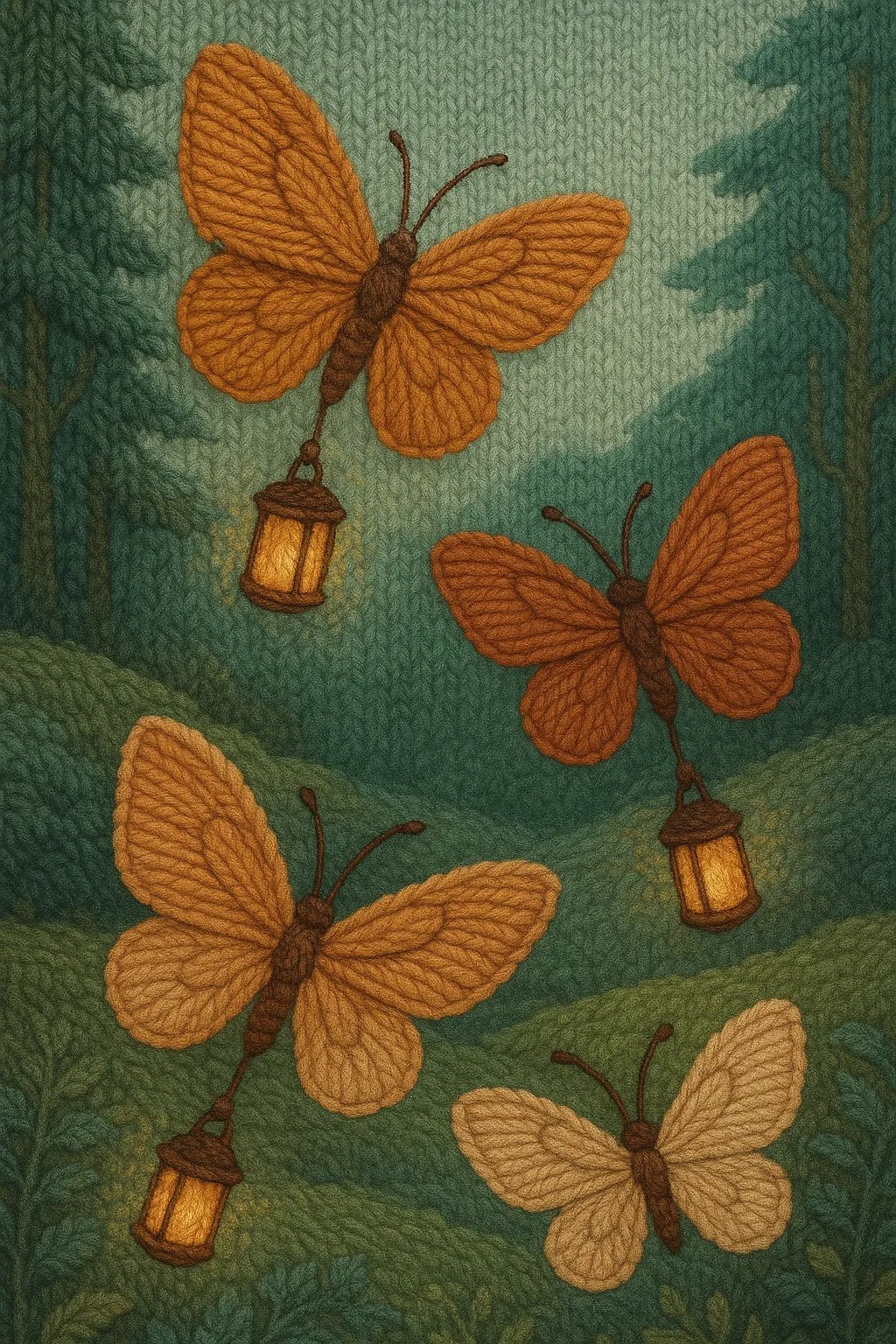 Example output from the Cozy Thread Style Illustration ChatGPT prompt: Butterflies with Laterns