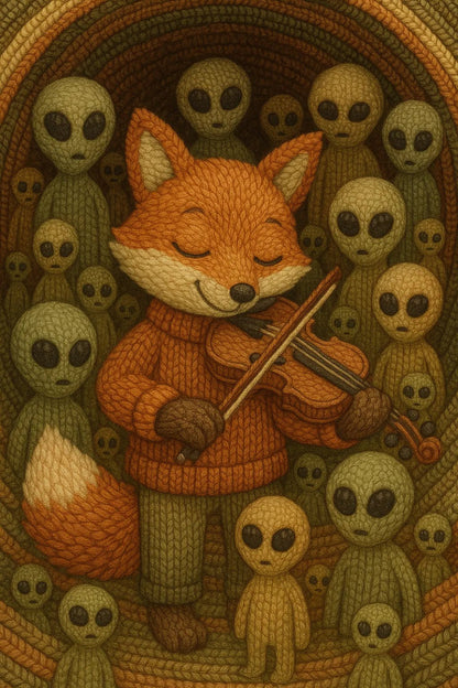 Example output from the Cozy Thread Style Illustration ChatGPT prompt: Fox Playing Violin