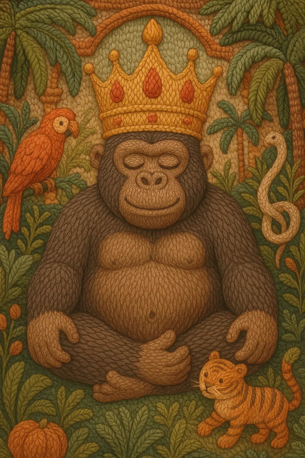 Example output from the Cozy Thread Style Illustration ChatGPT prompt: King Gorilla