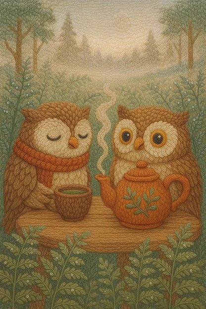 Example output from the Cozy Thread Style Illustration ChatGPT prompt: Two Owls Drinking Tea