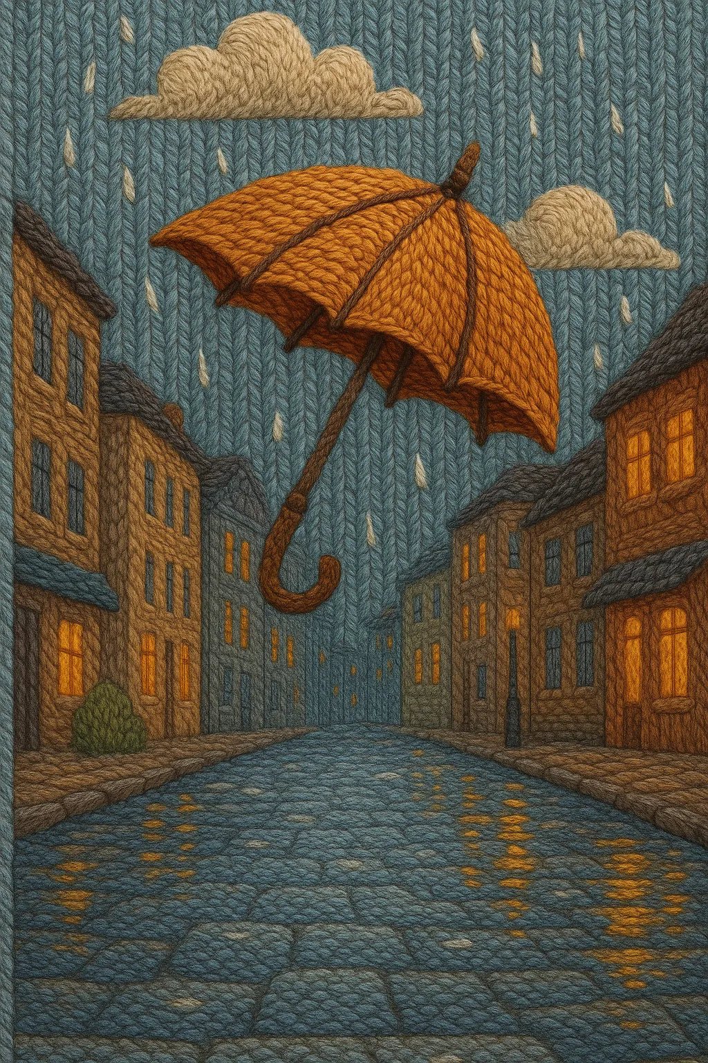 Example output from the Cozy Thread Style Illustration ChatGPT prompt: Umbrella in the Rain