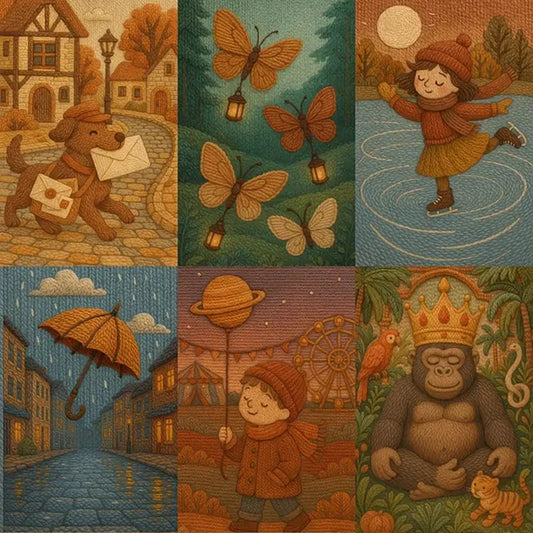Example output from the Cozy Thread Style Illustration ChatGPT prompt: embroidered-style artwork with yarn and stitched textures, muted autumn colors, cozy whimsical subjects like dogs, butterflies, children, gorillas, and playful scenes.