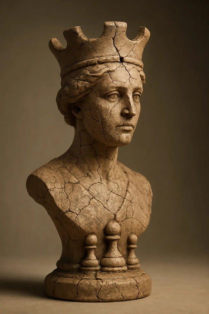 Example output from the Cracked Stone Sculptures ChatGPT prompt: hyperrealistic stone busts with visible cracks and clay textures, featuring gallery-grade lighting, subtle shadows, and emotionally rich expressions. Chess.