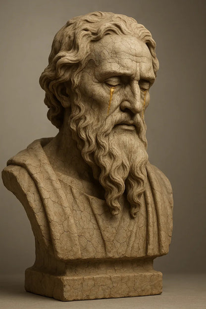Example output from the Cracked Stone Sculptures ChatGPT prompt: hyperrealistic stone busts with visible cracks and clay textures, featuring gallery-grade lighting, subtle shadows, and emotionally rich expressions. Cry.