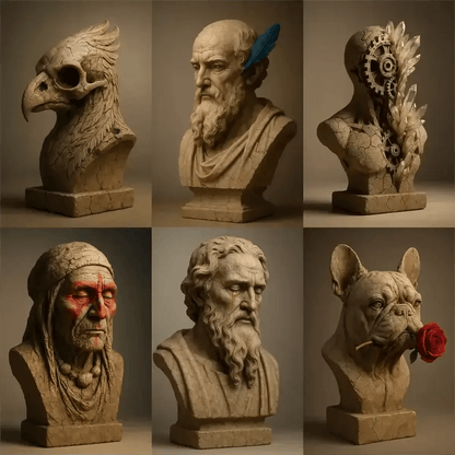 Example output from the Cracked Stone Sculptures ChatGPT prompt: hyperrealistic stone busts with visible cracks and clay textures, featuring gallery-grade lighting, subtle shadows, and emotionally rich expressions.