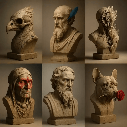 Example output from the Cracked Stone Sculptures ChatGPT prompt: hyperrealistic stone busts with visible cracks and clay textures, featuring gallery-grade lighting, subtle shadows, and emotionally rich expressions.