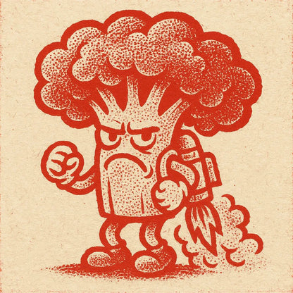 Example output from the Craft Paper Cartoon Mascots Logos ChatGPT prompt: bold red character icon Brocolli.