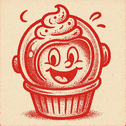 Example output from the Craft Paper Cartoon Mascots Logos ChatGPT prompt: bold red character icon Cupcake.