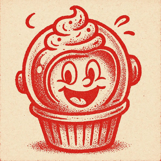 Example output from the Craft Paper Cartoon Mascots Logos ChatGPT prompt: bold red character icon Cupcake.