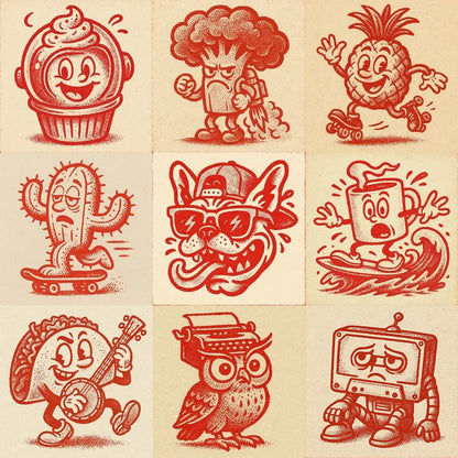 Example output from the Craft Paper Cartoon Mascots Logos ChatGPT prompt: bold red character icons on textured beige backgrounds, featuring cupcakes, tacos, robots, and owls in a 1950s screenprint style with stippled ink and misaligned outlines.