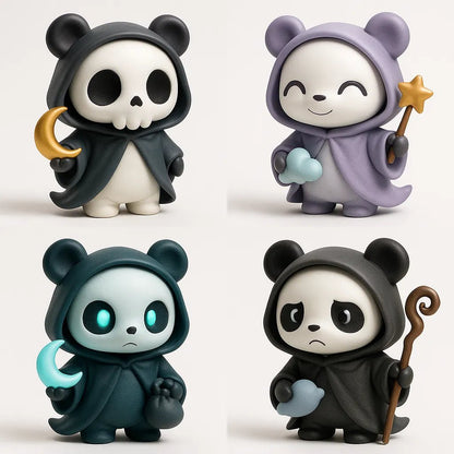 Example output from the Create 4 Collectible Toy Designs ChatGPT prompt: a lineup of stylized chibi 3D toys featuring expressive faces, varied accessories, and playful color palettes. Ghost Panda.