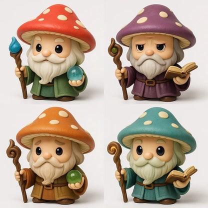 Example output from the Create 4 Collectible Toy Designs ChatGPT prompt: a lineup of stylized chibi 3D toys featuring expressive faces, varied accessories, and playful color palettes. Mushroom.