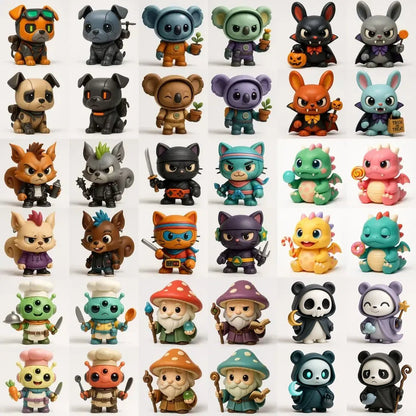 Example output from the Create 4 Collectible Toy Designs ChatGPT prompt: a lineup of stylized chibi 3D toys featuring expressive faces, varied accessories, and playful color palettes—perfect for merch, packaging, or concept displays.