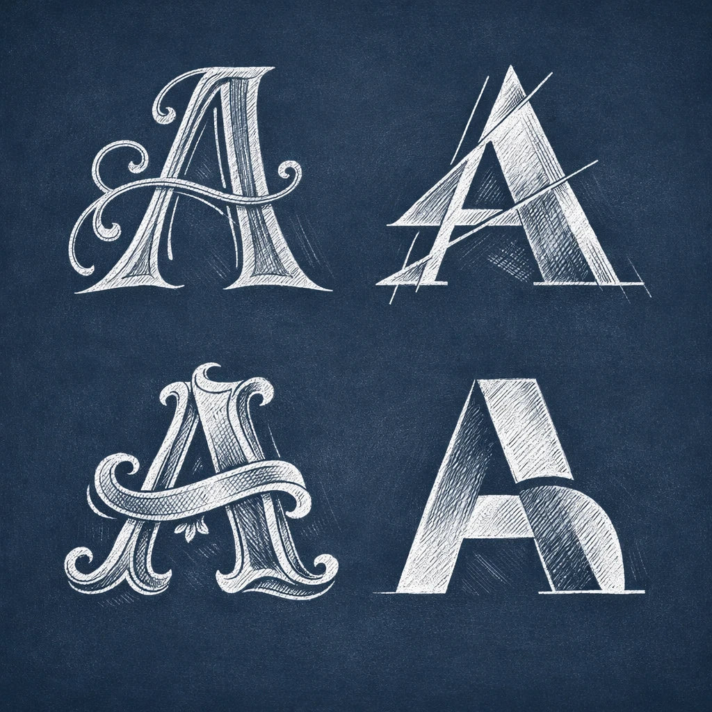 2x2 grid showing four stylized chalk letterform explorations of the letter "A" on a navy chalkboard background with balanced margins.